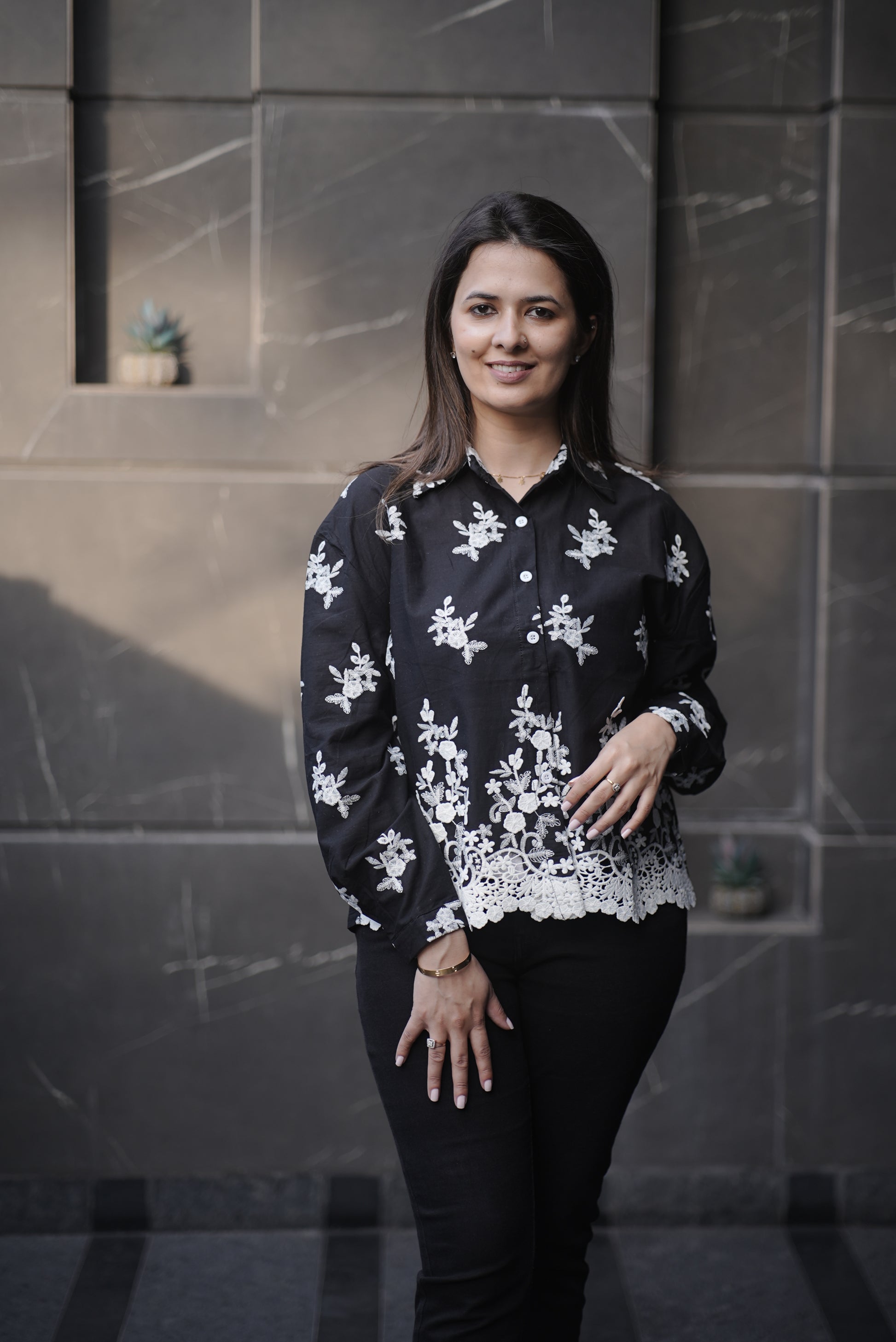 Midnight Black Palm Motif Cotton Shirt