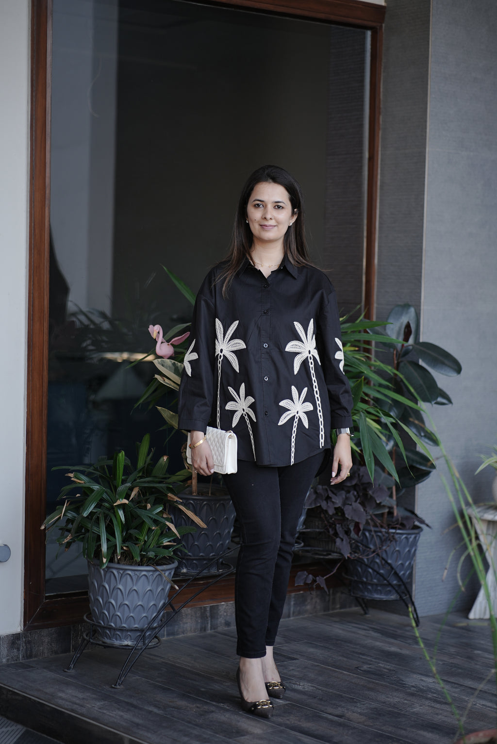 Midnight Black Palm Motif Cotton Shirt