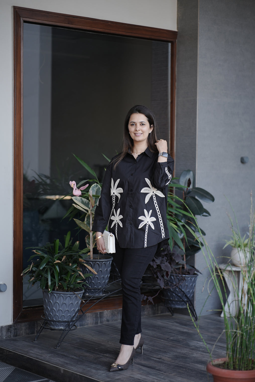 Midnight Black Palm Motif Cotton Shirt