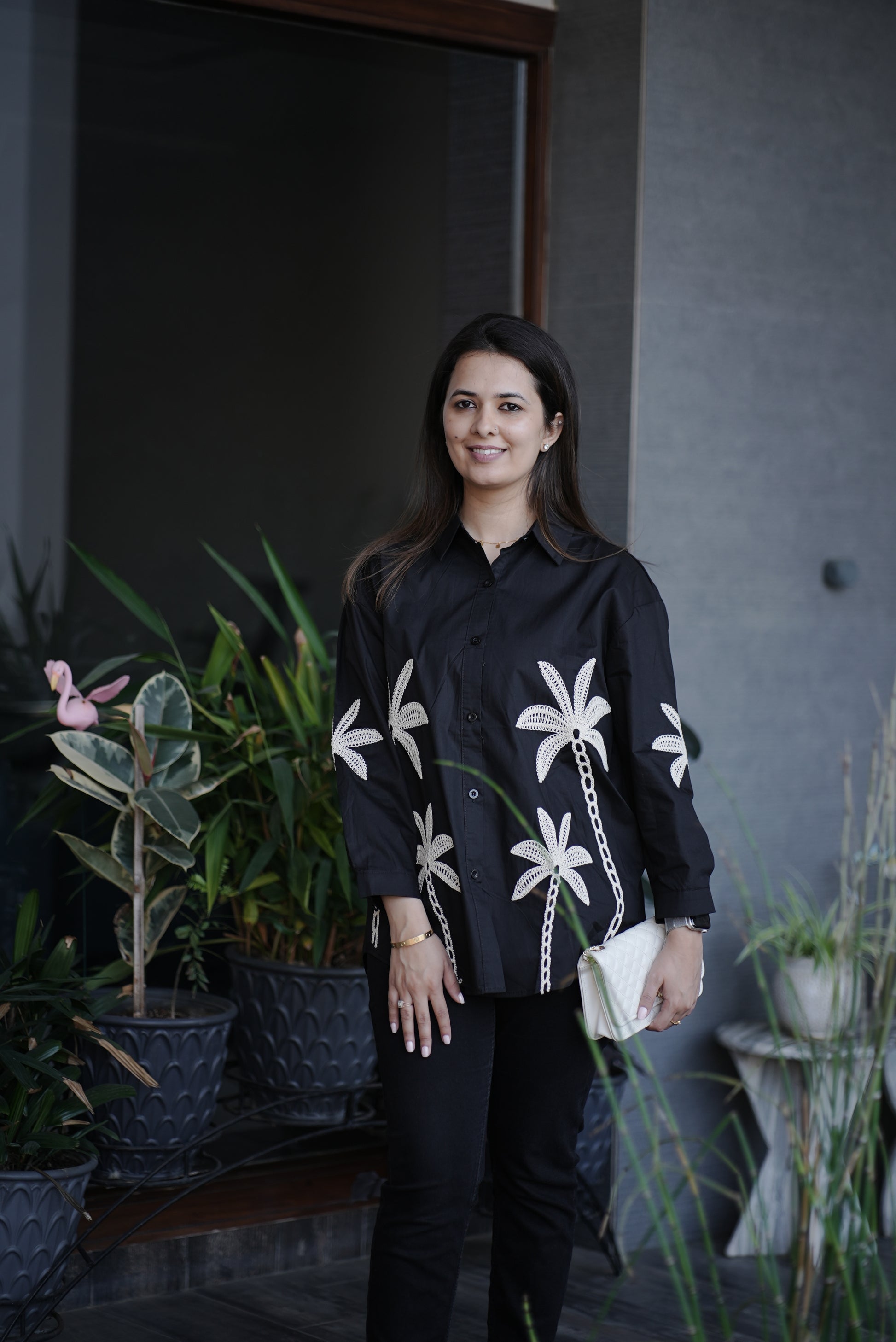 Midnight Black Palm Motif Cotton Shirt