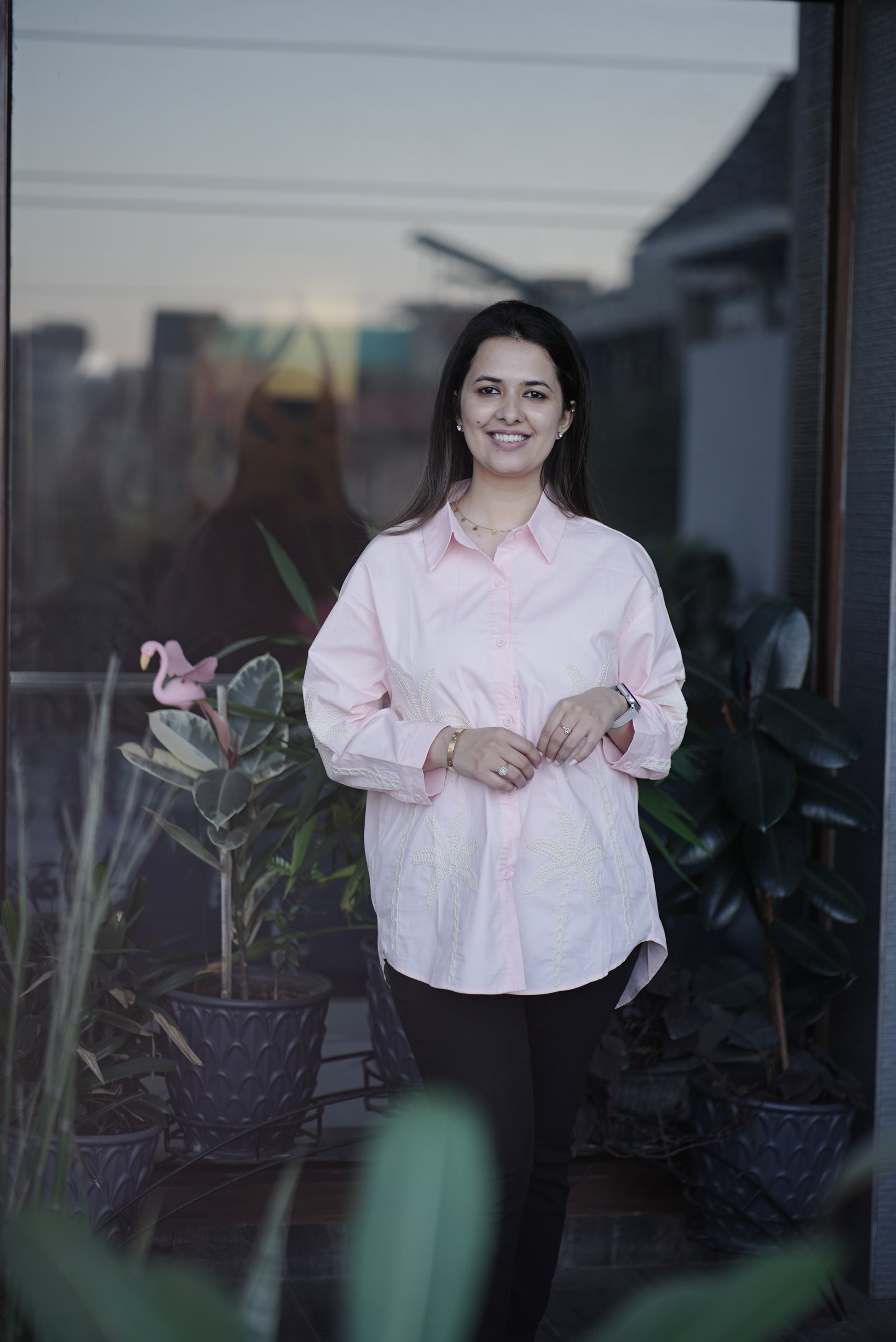 Blush Pink Palm Motif Cotton Shirt