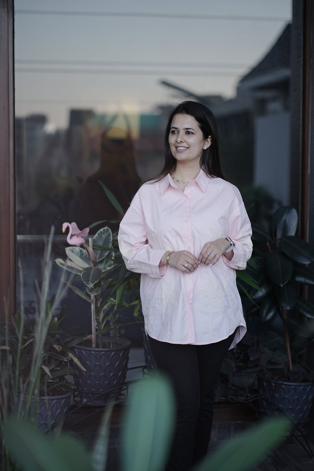 Blush Pink Palm Motif Cotton Shirt