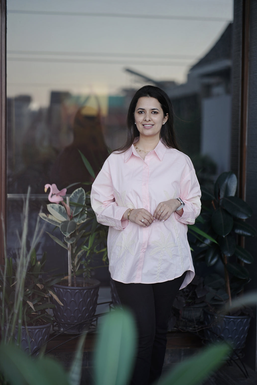 Blush Pink Palm Motif Cotton Shirt