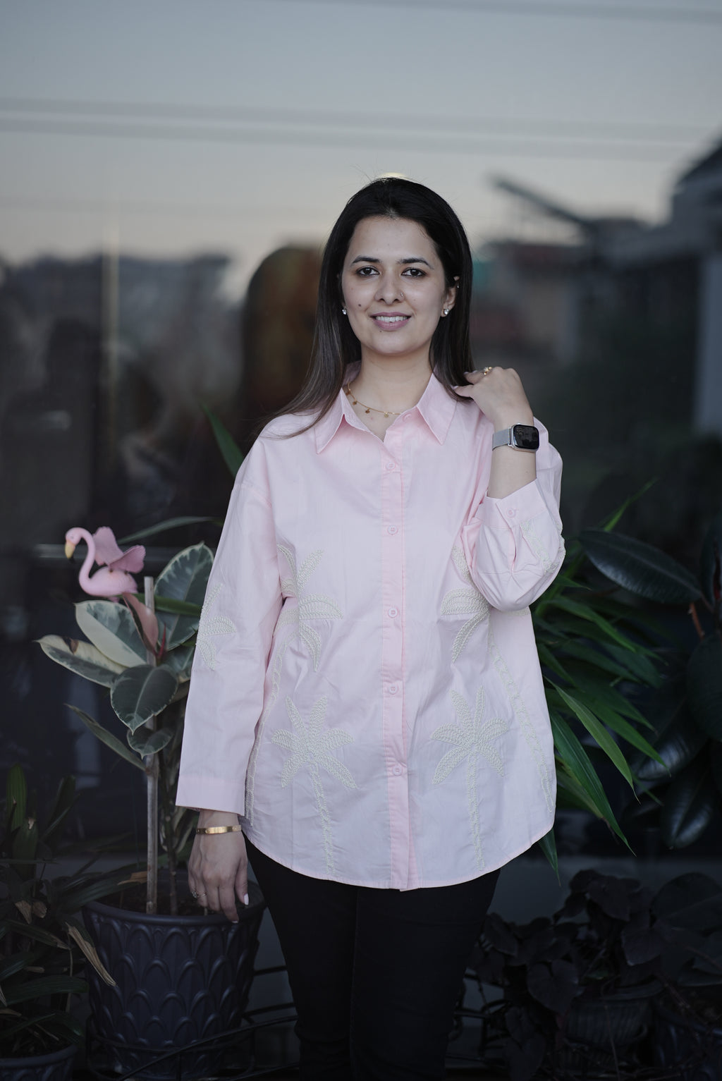 Blush Pink Palm Motif Cotton Shirt