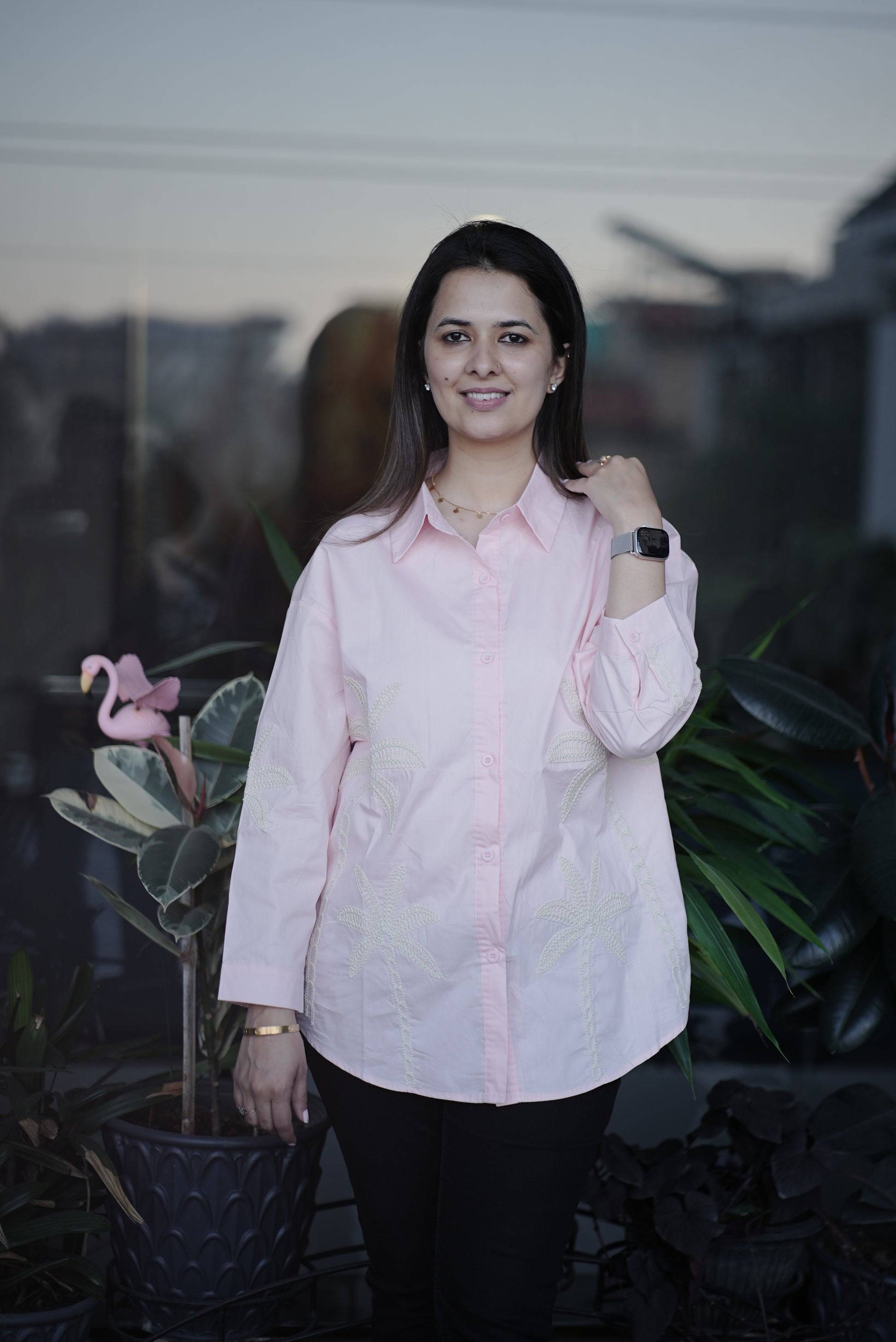 Blush Pink Palm Motif Cotton Shirt