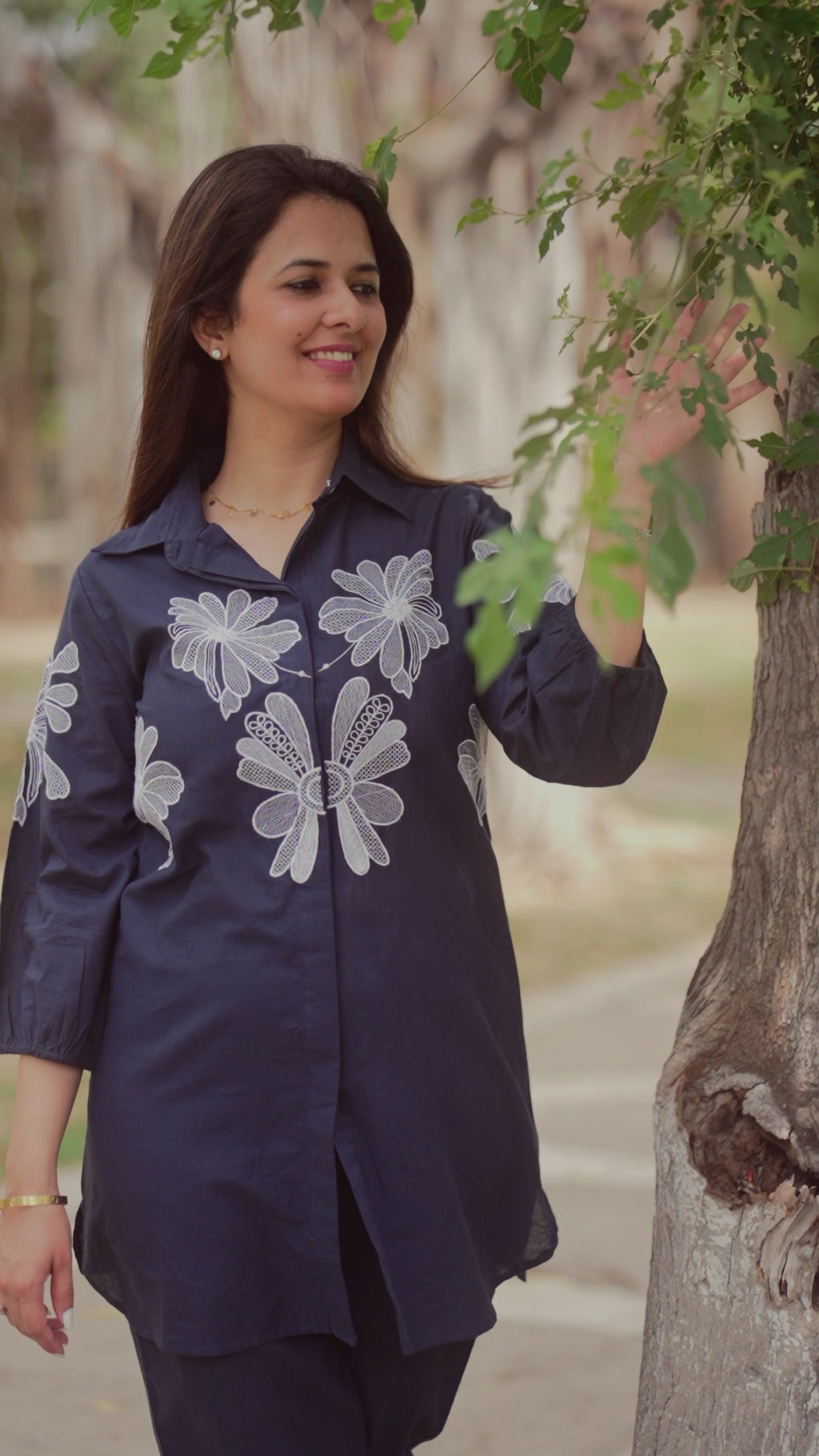 Navy Blue Floral Embroidered Co-ord Set