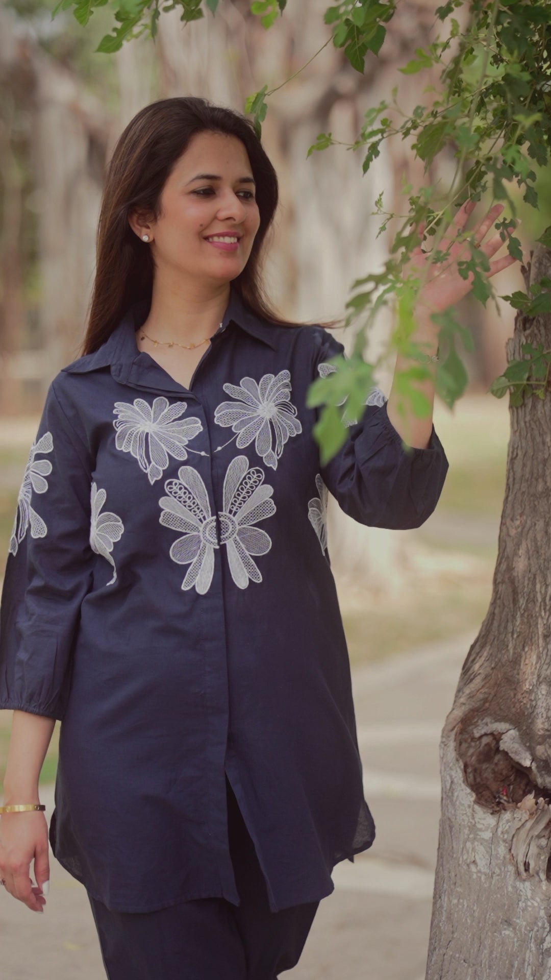 Navy Blue Floral Embroidered Co-ord Set