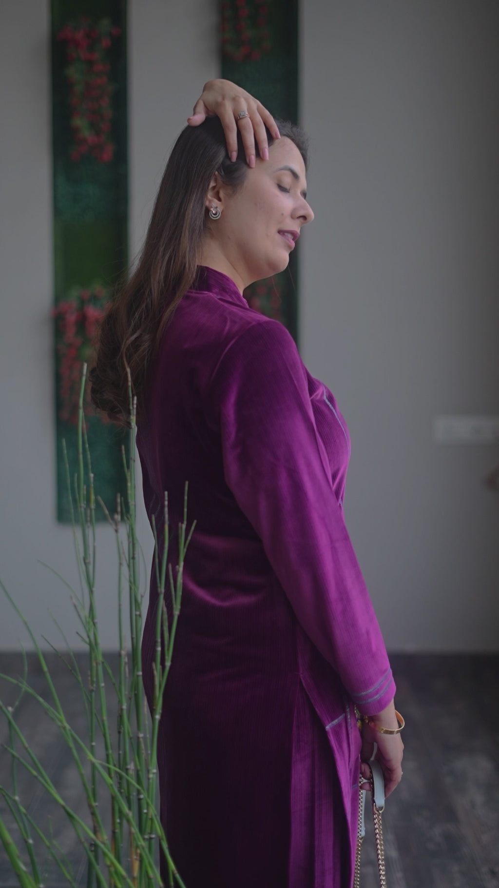 Plum grid velvet kurta set